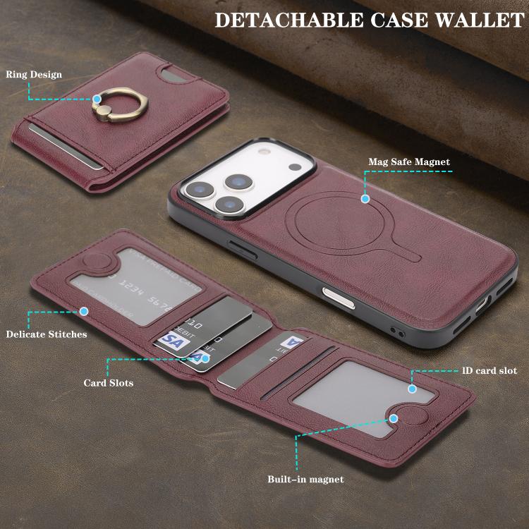 For iPhone 17 Pro Max Kalebol Strong MagSafe Ring Magnetic Card Bag Holder Leather Phone Case