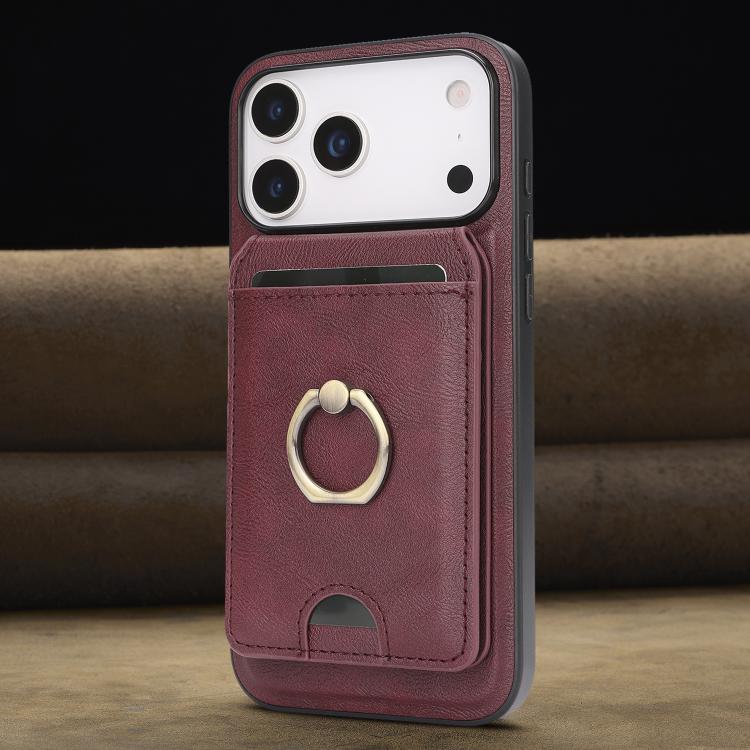 For iPhone 17 Pro Max Kalebol Strong MagSafe Ring Magnetic Card Bag Holder Leather Phone Case