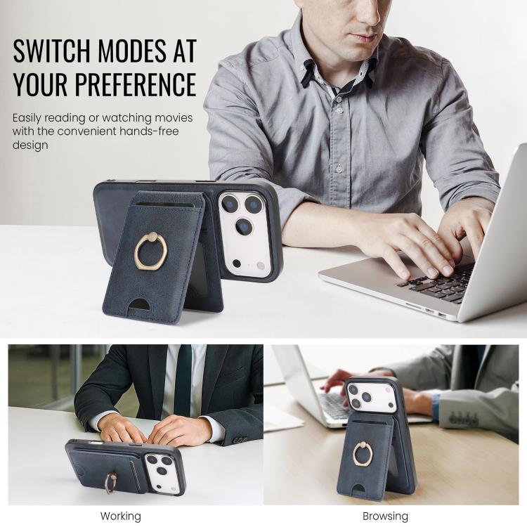 For iPhone 17 Pro Max Kalebol Strong MagSafe Ring Magnetic Card Bag Holder Leather Phone Case