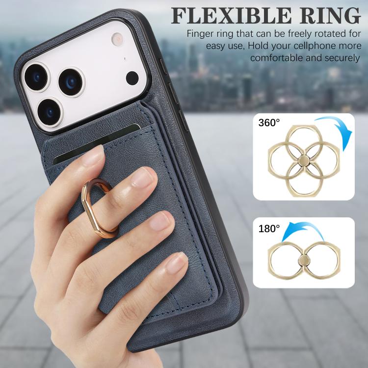 For iPhone 17 Pro Max Kalebol Strong MagSafe Ring Magnetic Card Bag Holder Leather Phone Case