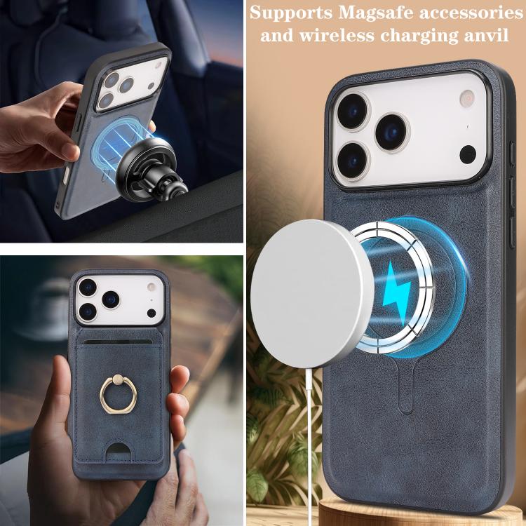 For iPhone 17 Pro Max Kalebol Strong MagSafe Ring Magnetic Card Bag Holder Leather Phone Case