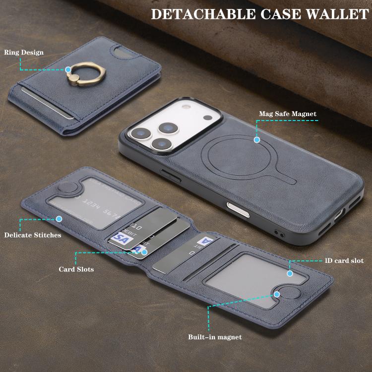 For iPhone 17 Pro Max Kalebol Strong MagSafe Ring Magnetic Card Bag Holder Leather Phone Case