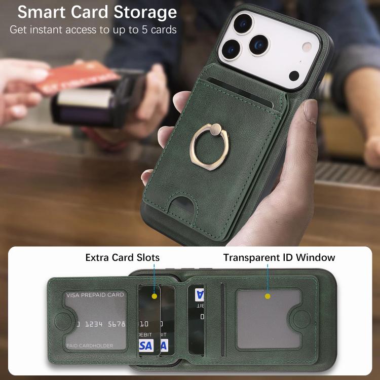 For iPhone 17 Pro Max Kalebol Strong MagSafe Ring Magnetic Card Bag Holder Leather Phone Case