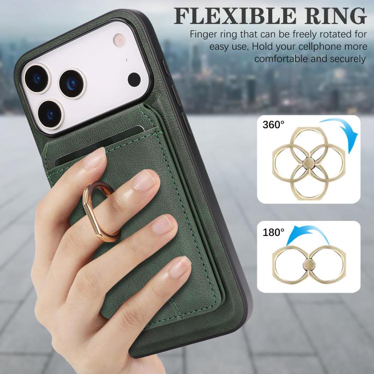 For iPhone 17 Pro Max Kalebol Strong MagSafe Ring Magnetic Card Bag Holder Leather Phone Case