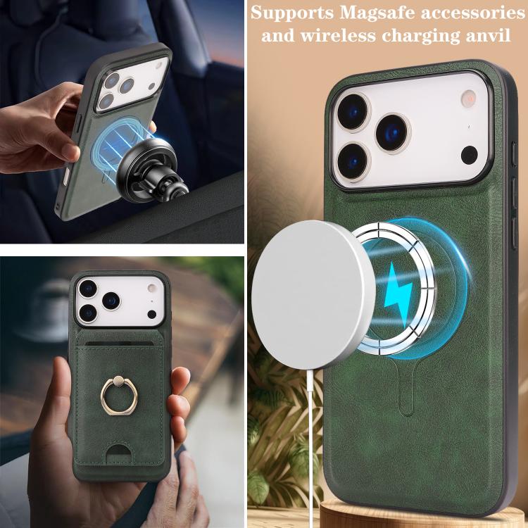 For iPhone 17 Pro Max Kalebol Strong MagSafe Ring Magnetic Card Bag Holder Leather Phone Case
