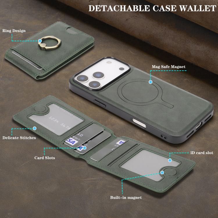 For iPhone 17 Pro Max Kalebol Strong MagSafe Ring Magnetic Card Bag Holder Leather Phone Case