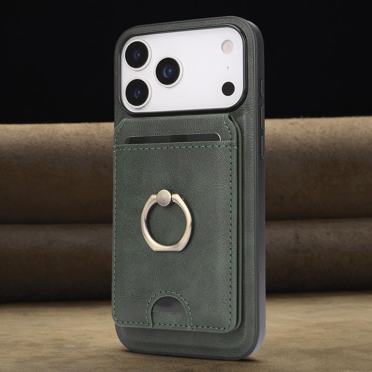 For iPhone 17 Pro Max Kalebol Strong MagSafe Ring Magnetic Card Bag Holder Leather Phone Case