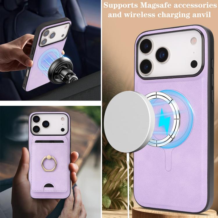 For iPhone 17 Pro Max Kalebol Strong MagSafe Ring Magnetic Card Bag Holder Leather Phone Case