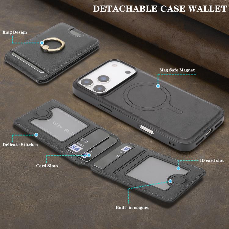 For iPhone 17 Pro Kalebol Strong MagSafe Ring Magnetic Card Bag Holder Leather Phone Case