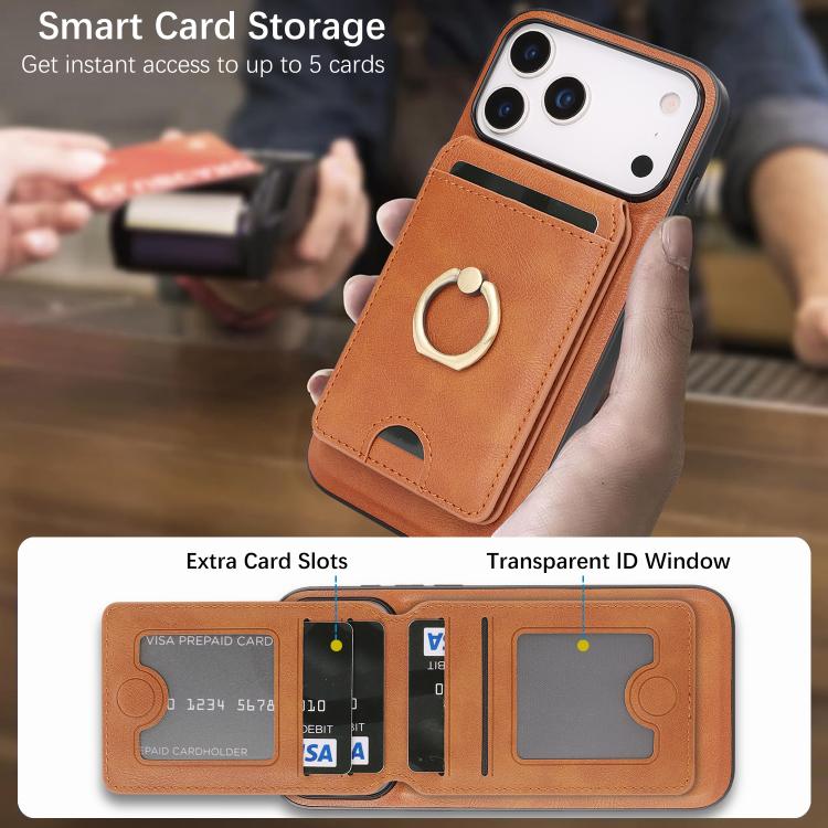 For iPhone 17 Pro Kalebol Strong MagSafe Ring Magnetic Card Bag Holder Leather Phone Case