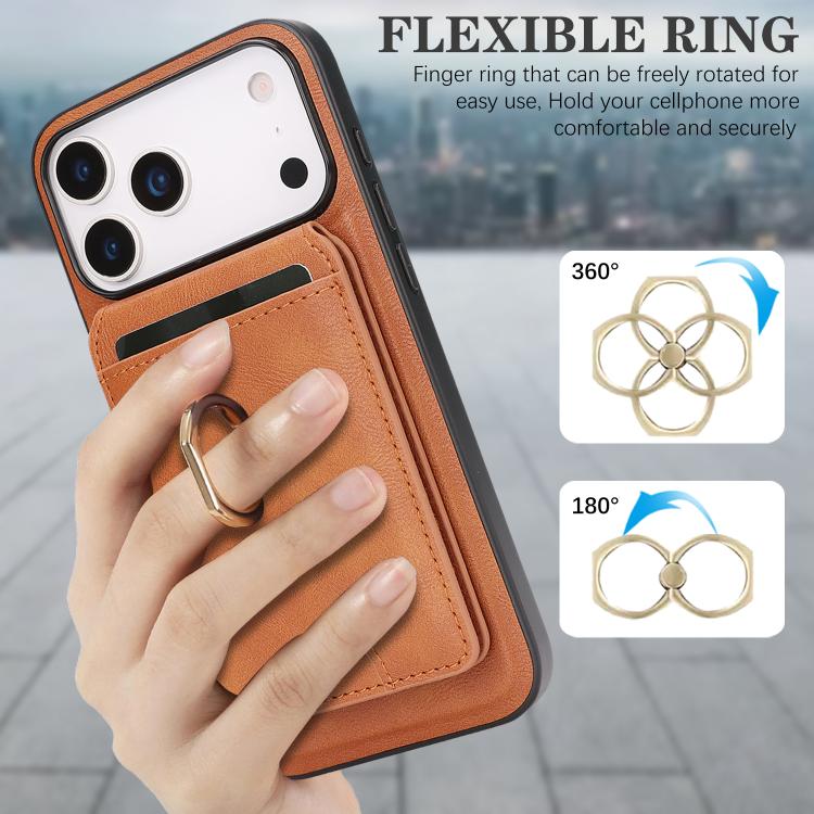 For iPhone 17 Pro Kalebol Strong MagSafe Ring Magnetic Card Bag Holder Leather Phone Case