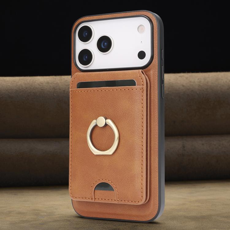 For iPhone 17 Pro Kalebol Strong MagSafe Ring Magnetic Card Bag Holder Leather Phone Case