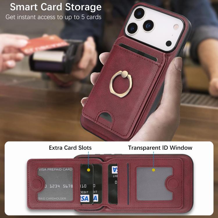 For iPhone 17 Pro Kalebol Strong MagSafe Ring Magnetic Card Bag Holder Leather Phone Case