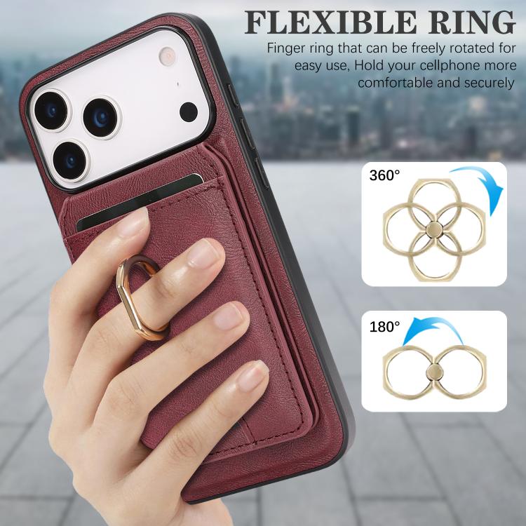 For iPhone 17 Pro Kalebol Strong MagSafe Ring Magnetic Card Bag Holder Leather Phone Case