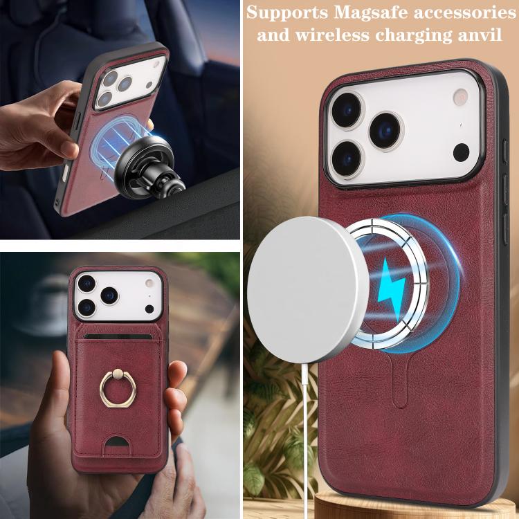 For iPhone 17 Pro Kalebol Strong MagSafe Ring Magnetic Card Bag Holder Leather Phone Case