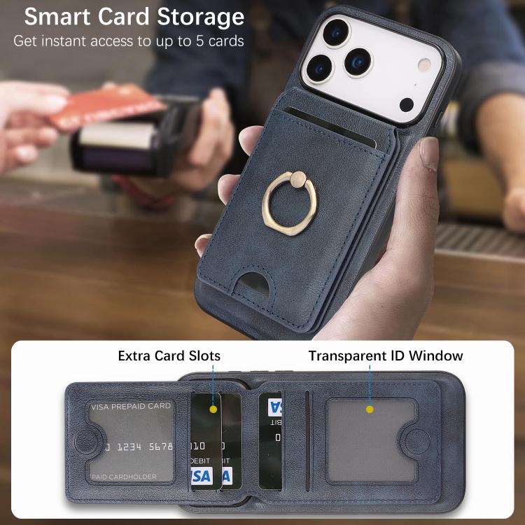 For iPhone 17 Pro Kalebol Strong MagSafe Ring Magnetic Card Bag Holder Leather Phone Case