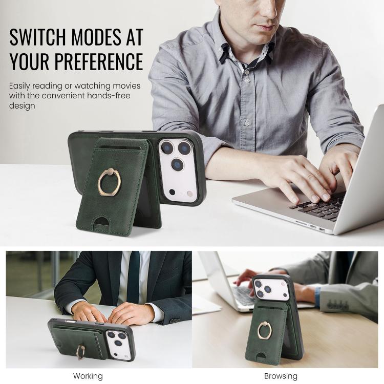 For iPhone 17 Pro Kalebol Strong MagSafe Ring Magnetic Card Bag Holder Leather Phone Case