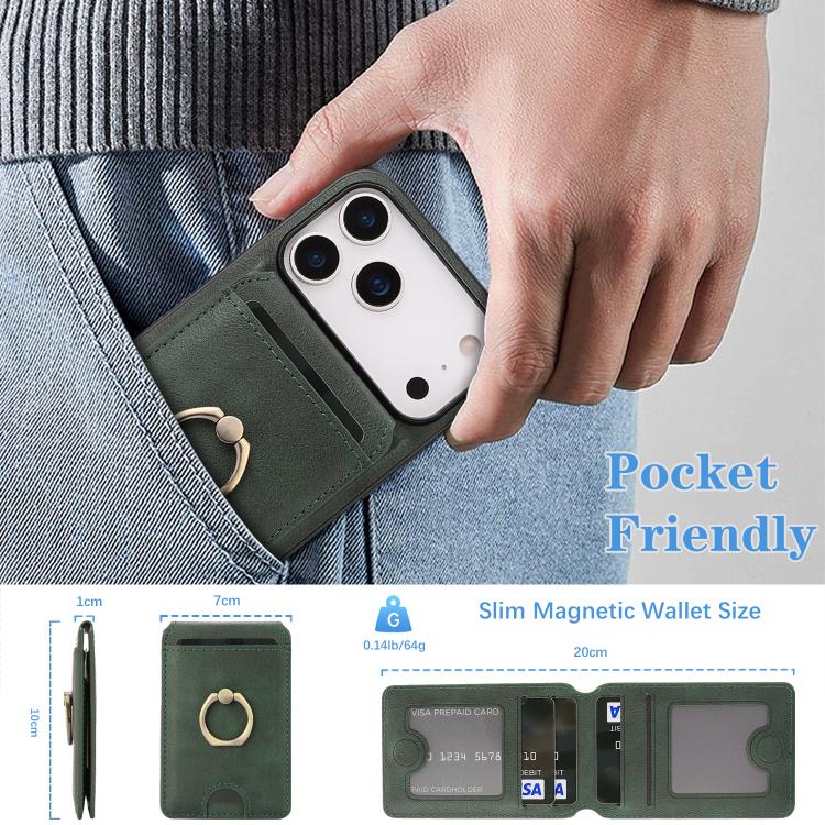 For iPhone 17 Pro Kalebol Strong MagSafe Ring Magnetic Card Bag Holder Leather Phone Case