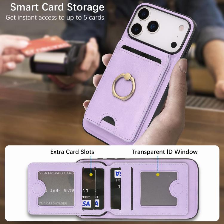 For iPhone 17 Pro Kalebol Strong MagSafe Ring Magnetic Card Bag Holder Leather Phone Case