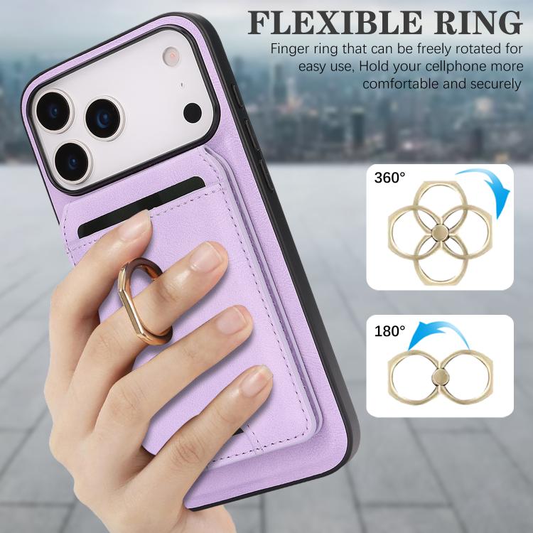 For iPhone 17 Pro Kalebol Strong MagSafe Ring Magnetic Card Bag Holder Leather Phone Case