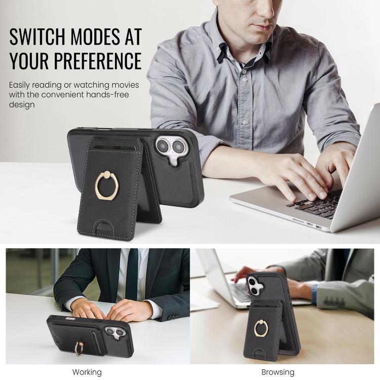 For iPhone 17 Kalebol Strong MagSafe Ring Magnetic Card Bag Holder Leather Phone Case