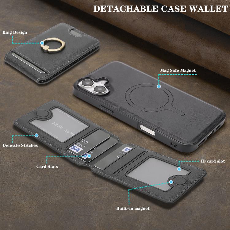 For iPhone 17 Kalebol Strong MagSafe Ring Magnetic Card Bag Holder Leather Phone Case