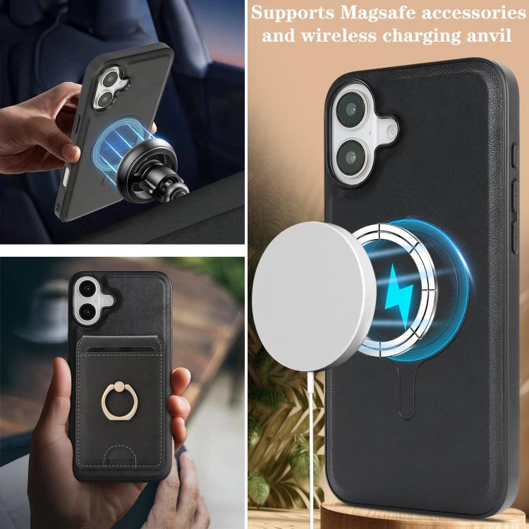 For iPhone 17 Kalebol Strong MagSafe Ring Magnetic Card Bag Holder Leather Phone Case