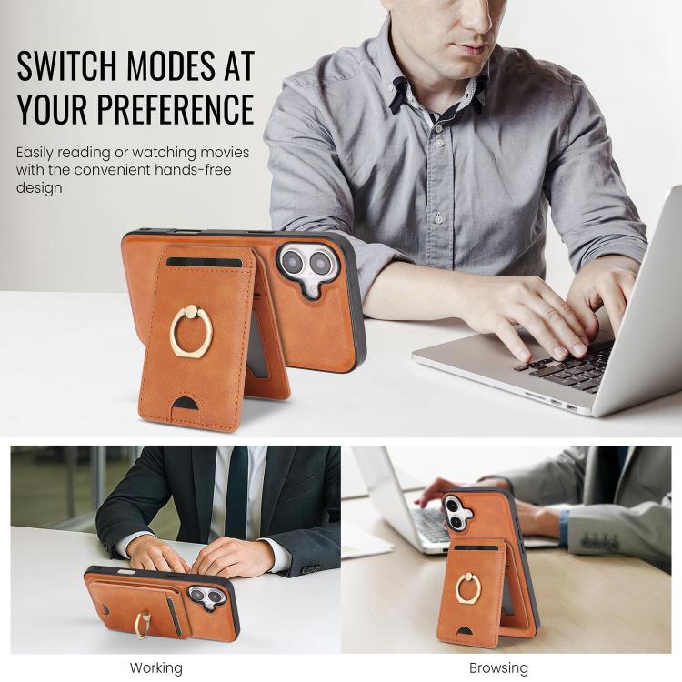 For iPhone 17 Kalebol Strong MagSafe Ring Magnetic Card Bag Holder Leather Phone Case