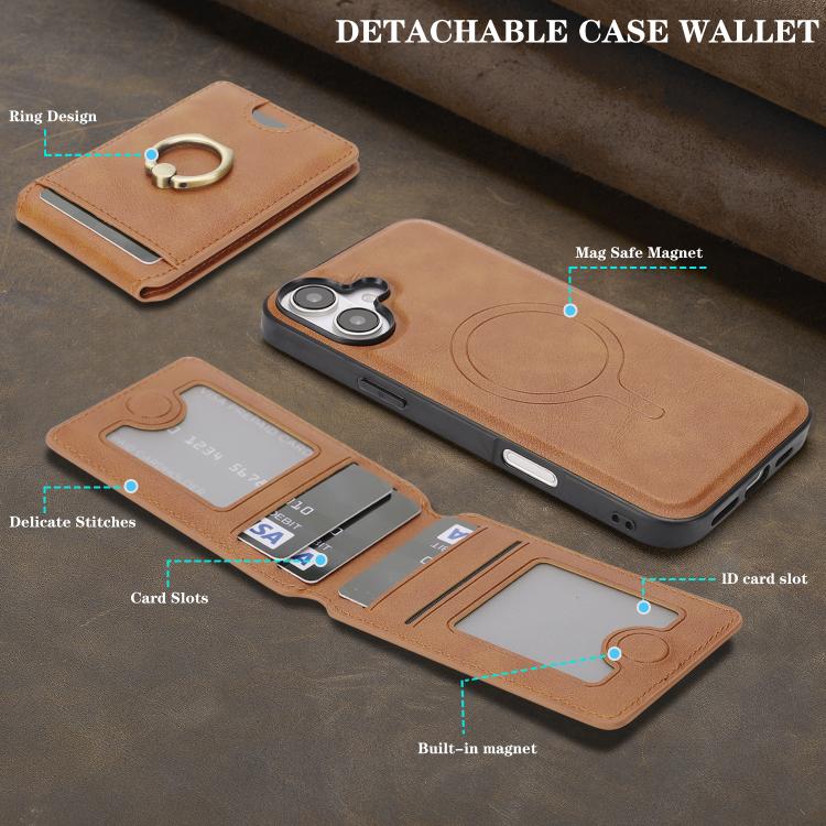 For iPhone 17 Kalebol Strong MagSafe Ring Magnetic Card Bag Holder Leather Phone Case