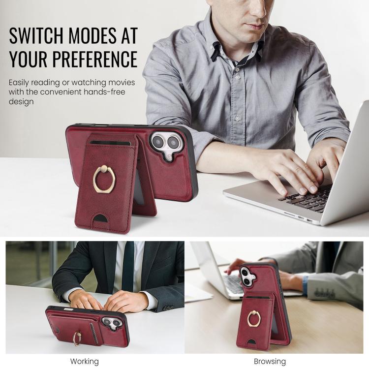For iPhone 17 Kalebol Strong MagSafe Ring Magnetic Card Bag Holder Leather Phone Case