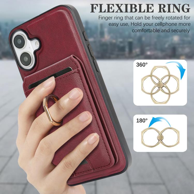 For iPhone 17 Kalebol Strong MagSafe Ring Magnetic Card Bag Holder Leather Phone Case