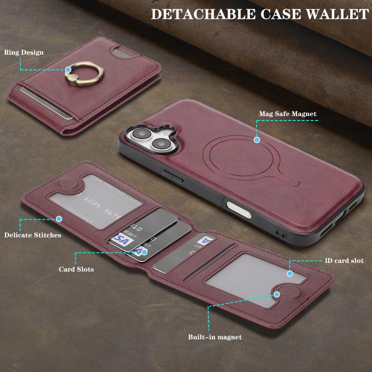 For iPhone 17 Kalebol Strong MagSafe Ring Magnetic Card Bag Holder Leather Phone Case