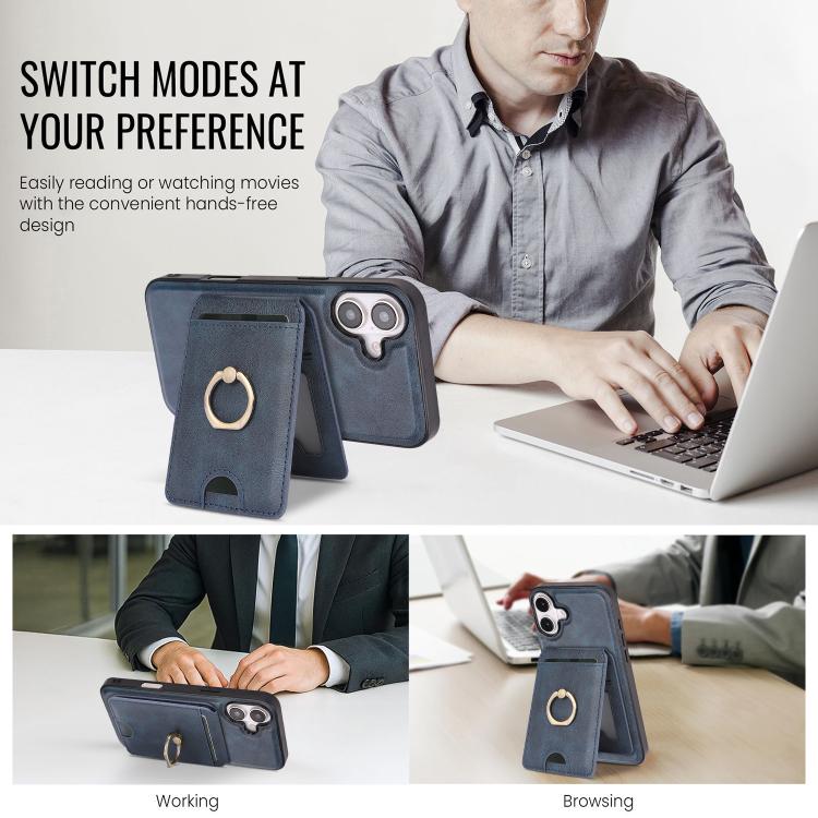 For iPhone 17 Kalebol Strong MagSafe Ring Magnetic Card Bag Holder Leather Phone Case