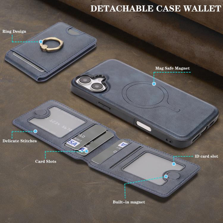For iPhone 17 Kalebol Strong MagSafe Ring Magnetic Card Bag Holder Leather Phone Case