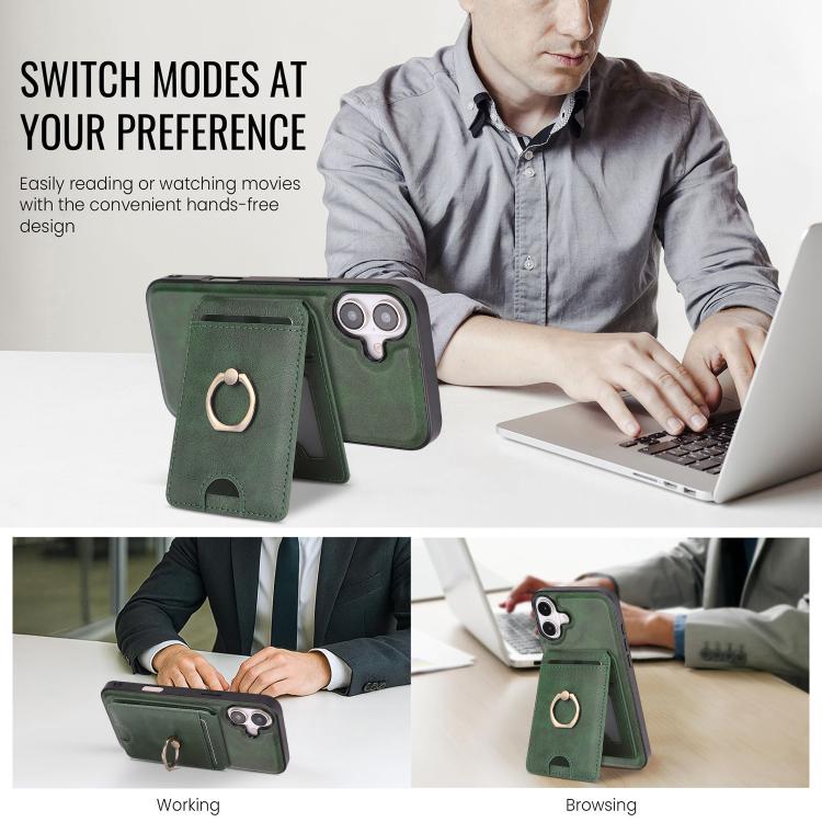 For iPhone 17 Kalebol Strong MagSafe Ring Magnetic Card Bag Holder Leather Phone Case