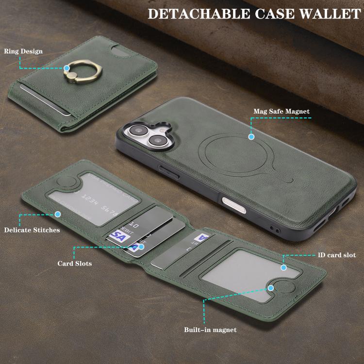 For iPhone 17 Kalebol Strong MagSafe Ring Magnetic Card Bag Holder Leather Phone Case