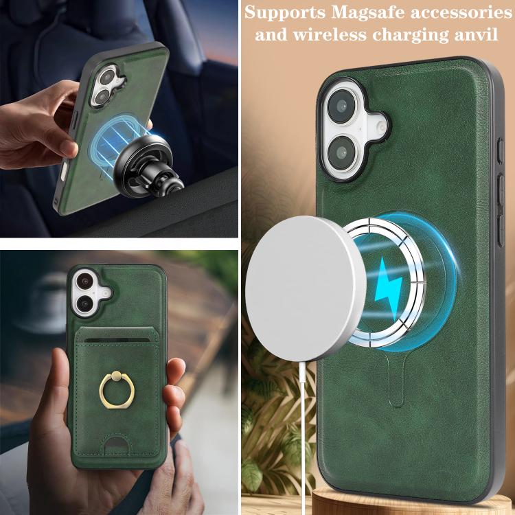 For iPhone 17 Kalebol Strong MagSafe Ring Magnetic Card Bag Holder Leather Phone Case