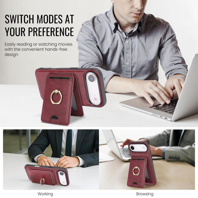 For iPhone Air Kalebol Strong MagSafe Ring Magnetic Card Bag Holder Leather Phone Case