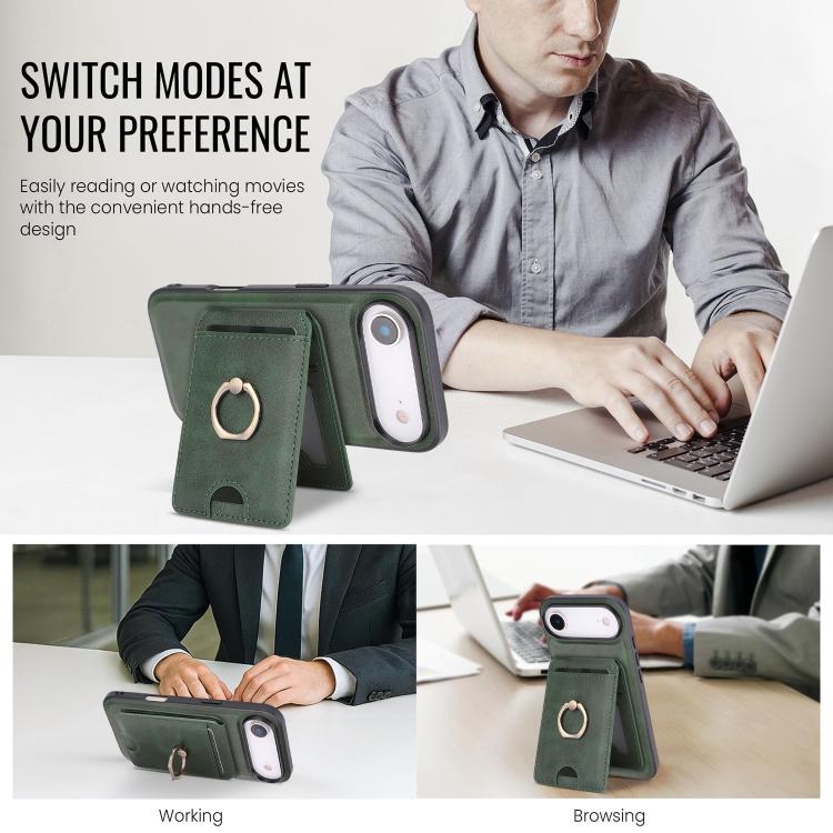 For iPhone Air Kalebol Strong MagSafe Ring Magnetic Card Bag Holder Leather Phone Case