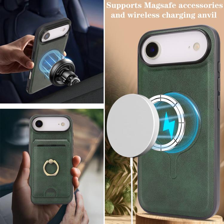 For iPhone Air Kalebol Strong MagSafe Ring Magnetic Card Bag Holder Leather Phone Case