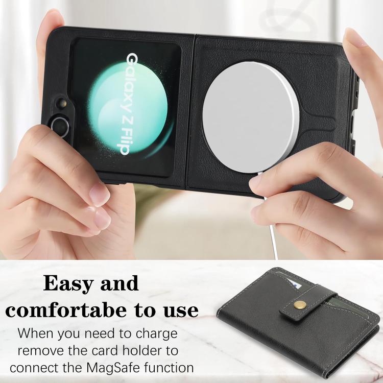 For Samsung Galaxy Z Flip6 / Flip7 FE Kalebol Magnetic Button Card Bag MagSafe Ring Leather Phone Case