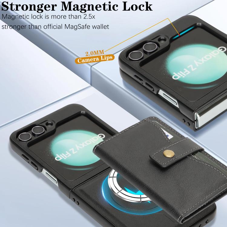 For Samsung Galaxy Z Flip6 / Flip7 FE Kalebol Magnetic Button Card Bag MagSafe Ring Leather Phone Case