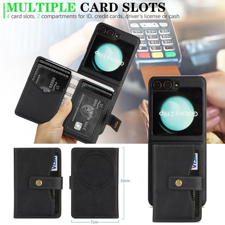 For Samsung Galaxy Z Flip6 / Flip7 FE Kalebol Magnetic Button Card Bag MagSafe Ring Leather Phone Case