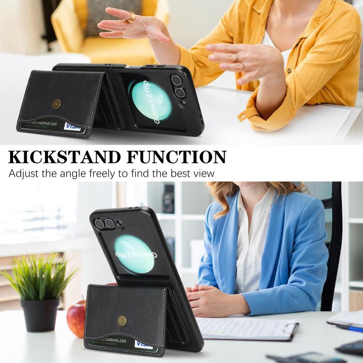 For Samsung Galaxy Z Flip6 / Flip7 FE Kalebol Magnetic Button Card Bag MagSafe Ring Leather Phone Case