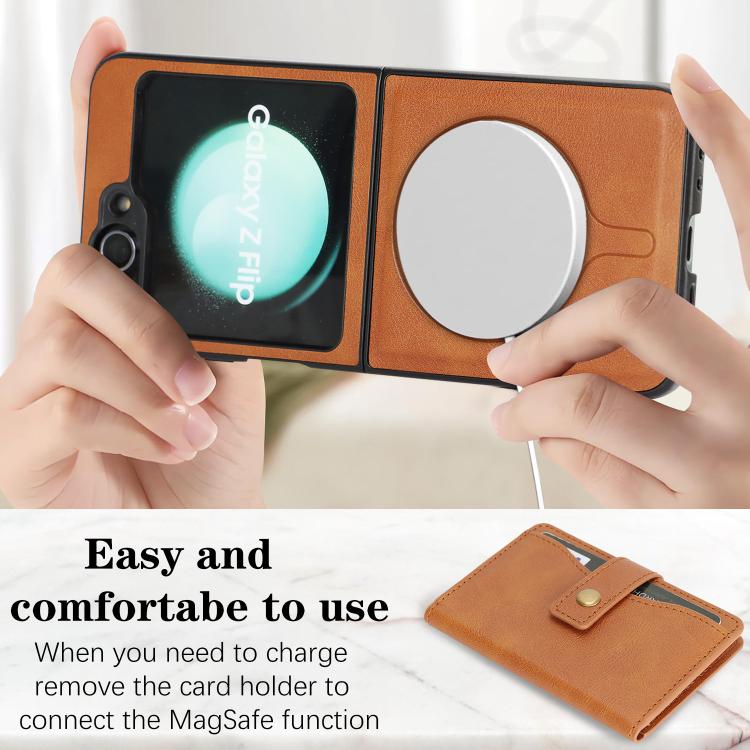 For Samsung Galaxy Z Flip6 / Flip7 FE Kalebol Magnetic Button Card Bag MagSafe Ring Leather Phone Case