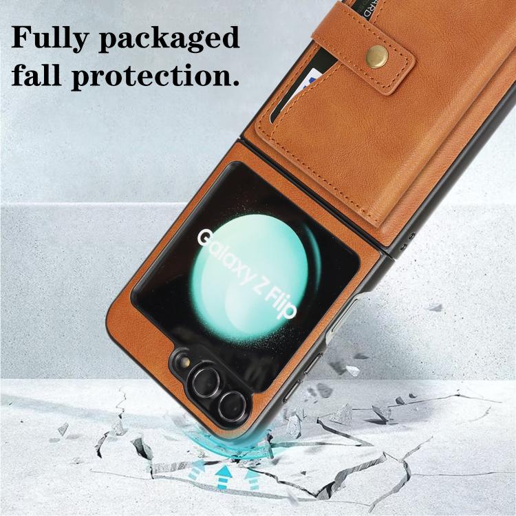 For Samsung Galaxy Z Flip6 / Flip7 FE Kalebol Magnetic Button Card Bag MagSafe Ring Leather Phone Case