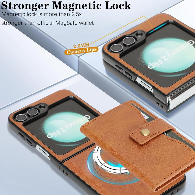 For Samsung Galaxy Z Flip6 / Flip7 FE Kalebol Magnetic Button Card Bag MagSafe Ring Leather Phone Case