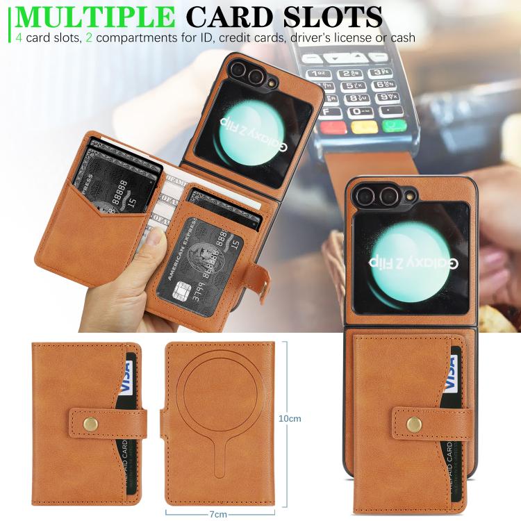 For Samsung Galaxy Z Flip6 / Flip7 FE Kalebol Magnetic Button Card Bag MagSafe Ring Leather Phone Case