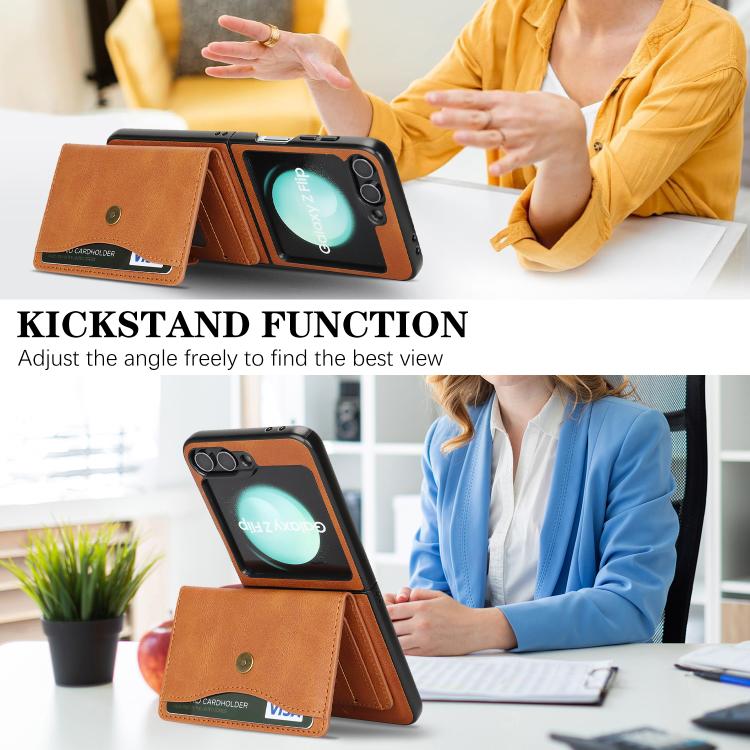 For Samsung Galaxy Z Flip6 / Flip7 FE Kalebol Magnetic Button Card Bag MagSafe Ring Leather Phone Case