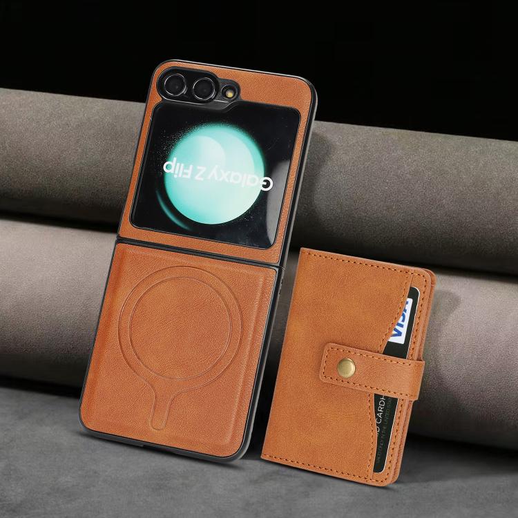 For Samsung Galaxy Z Flip6 / Flip7 FE Kalebol Magnetic Button Card Bag MagSafe Ring Leather Phone Case